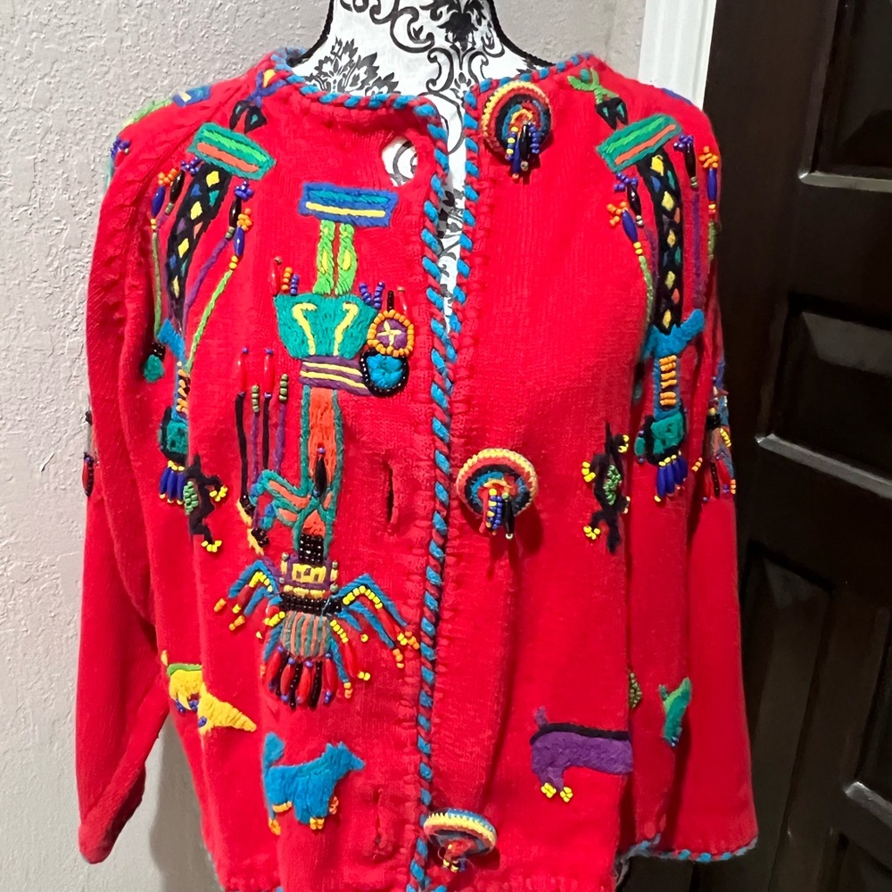 Michael Simon Handknit Cardigan Sweater Native American Indian Kachina Red